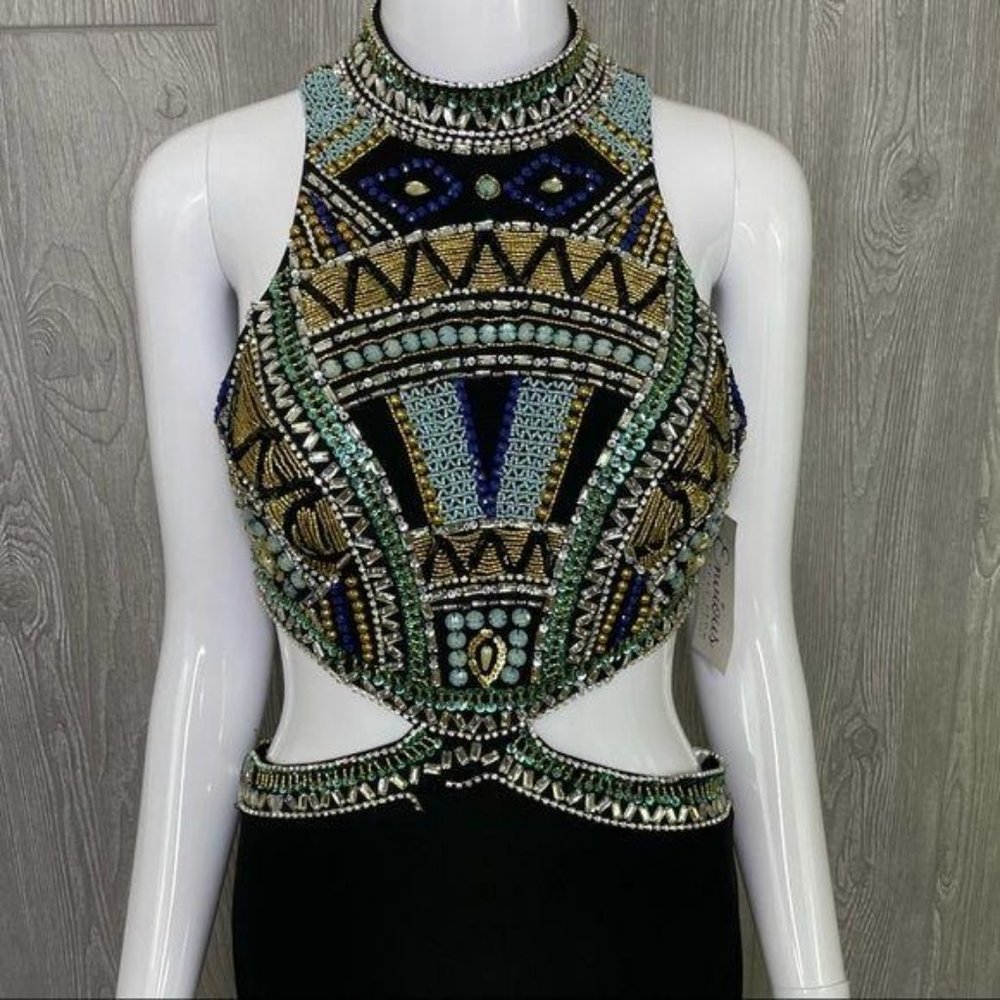 Nwt envious couture beaded rhinestone dress / gown prom formal sleeveless dress - Picture 2 of 16
